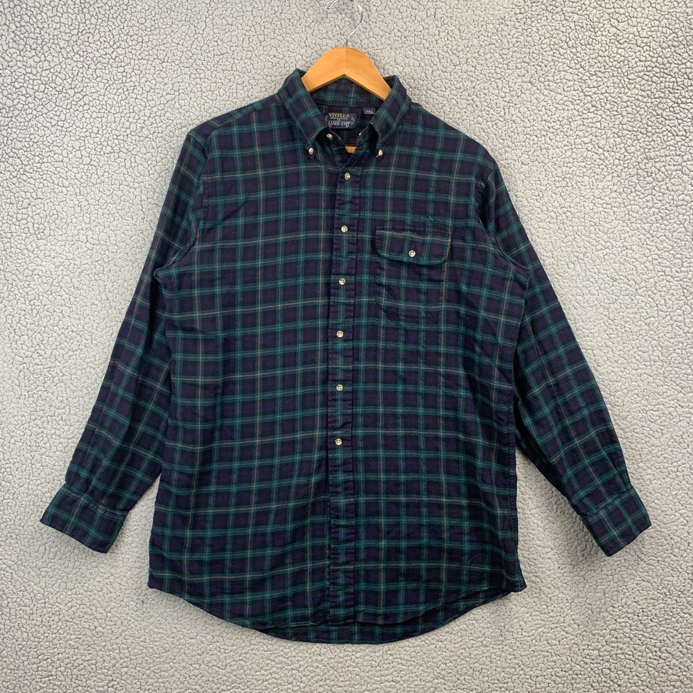 Viyella Shirt Mens LT Large Tall Navy Green Plaid Wool Blend Button Up Scotland
